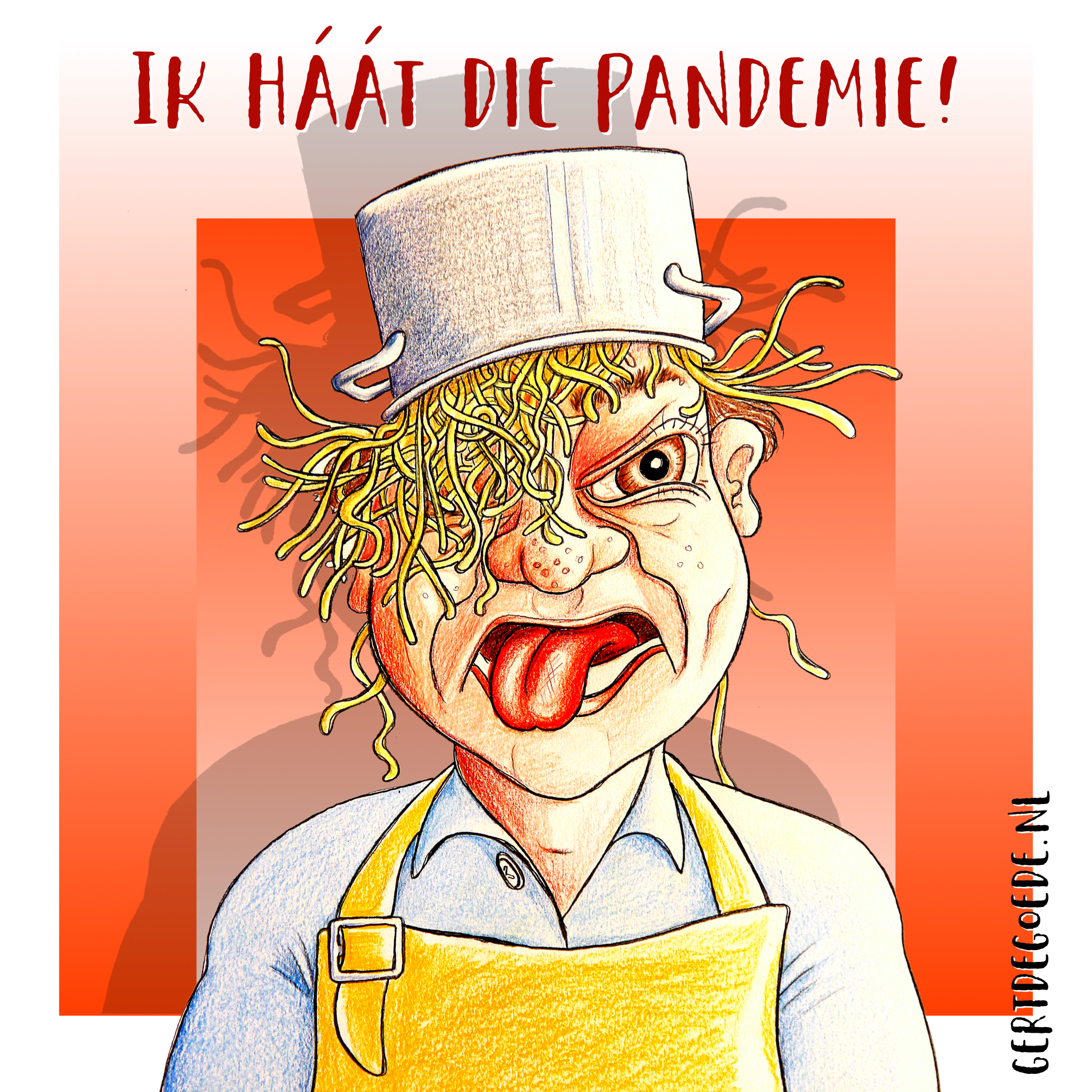 cartoon pandemie corona covid humor pan mie op hoofd gert de goede grappig funny lol leuk 