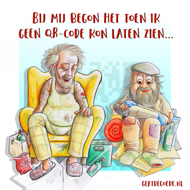 cartoon corona qr code covid 19 zwerver zwervers tramps zwerver kunst art funny grappig leuk twee