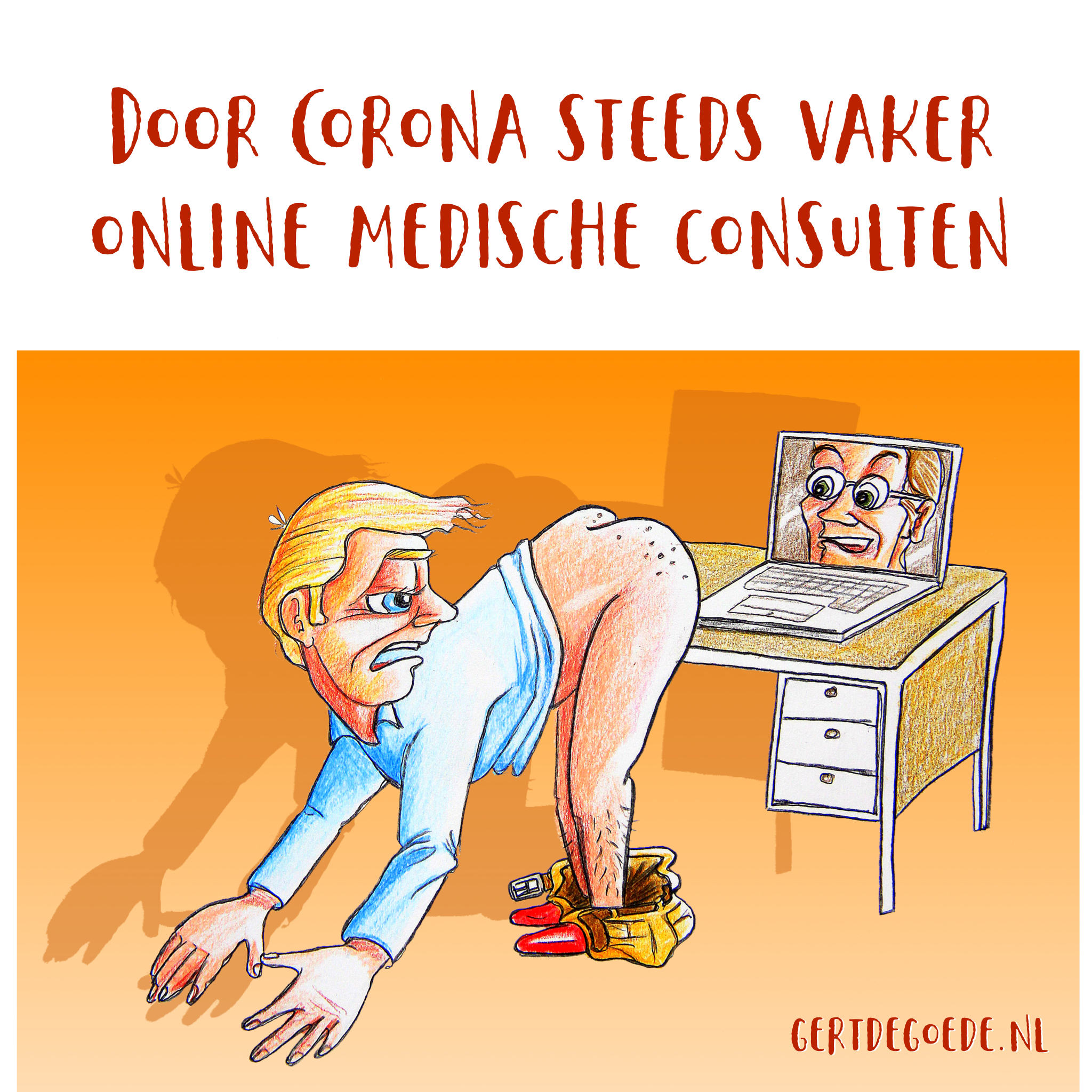 cartoon funny lol medisch consult corona online beeldscherm arts dokter doctor MD grappig lol funny medical naked ass onderzoek research consult