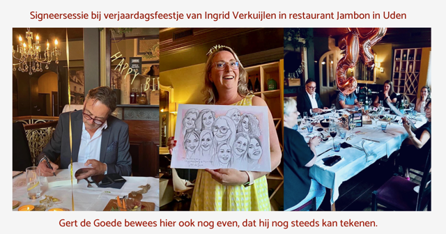 Gert de Goede schrijver Ingrid Verkuijlen oud wethouder Uden vluchtelingen Venlo Oekraine boek roman signeer sessie fictie thriller Uden Jambon restaurant lekker eten op niveau verjaardag feestje tekenen opdracht schrijven 