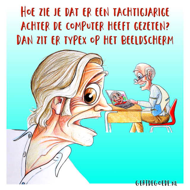 Cartoon Gert de Goede Udens Weekblad grappig gag humor moppen mopje Uden Noord Brabant Maashorst gemeente lol senioren bejaarden computer typex beeldscherm