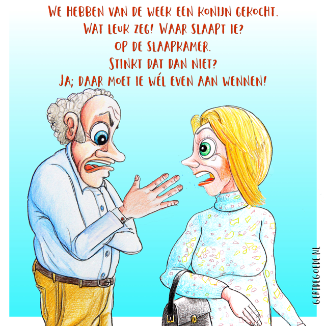 Cartoon Gert de Goede Udens Weekblad grappig gag humor moppen mopje Uden Noord Brabant Maashorst gemeente lol  konijn slaapkamer stank stinken wenen slaapkamer