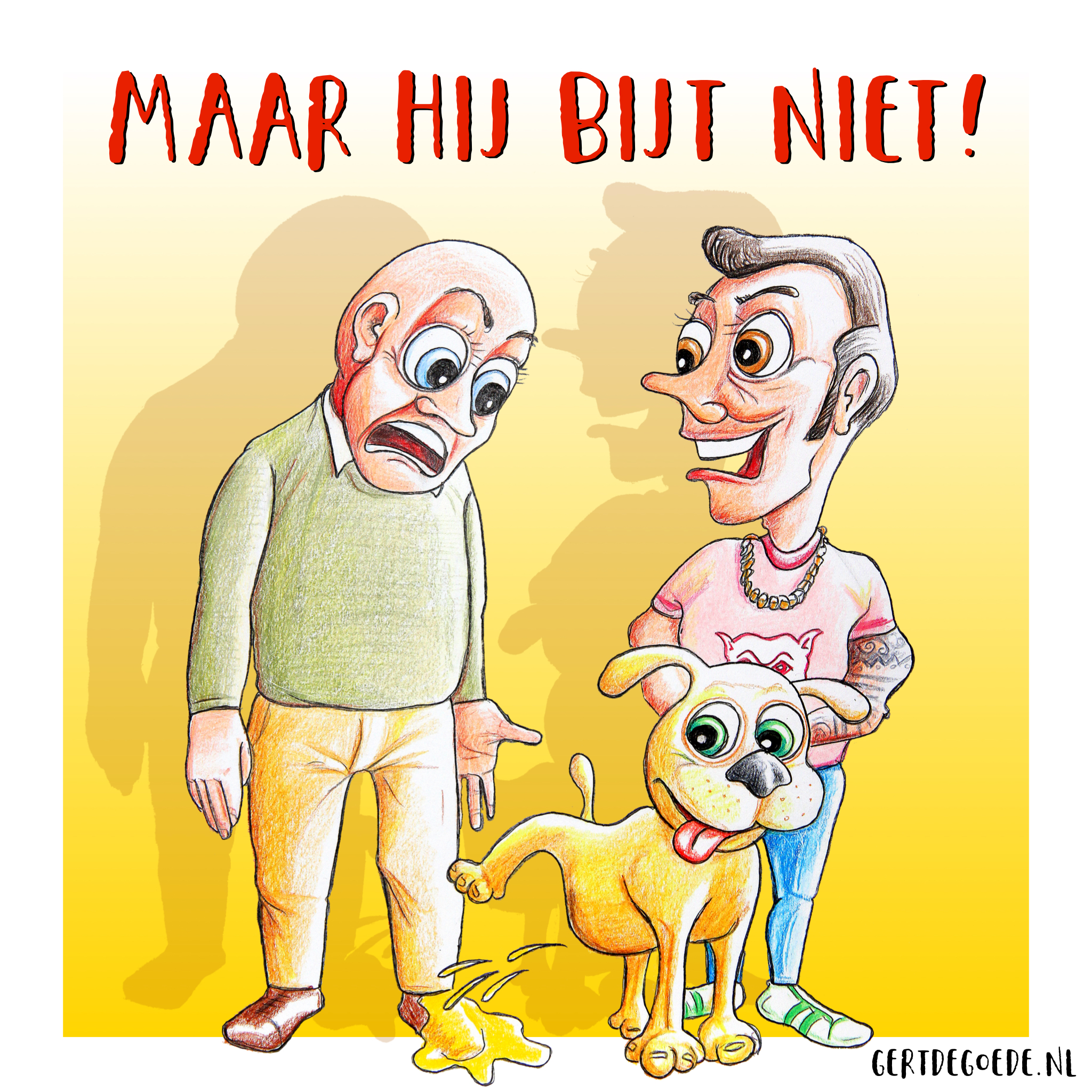 Gert de Goede cartoon hond plassen vrolijk cartoonist illlustratie dog pissing