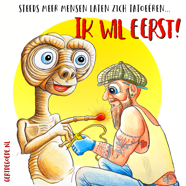 Gert de Goede cartoon illustratie grappig vrolijk striptekening simpel tatoo tatoeage ET  tatoeëren 