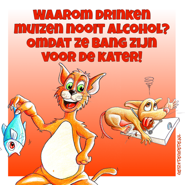 Kat en muis cartoon Udens Weekblad Gert de Goede muizen bang voor alcohol bang voor de kater cartoonist 