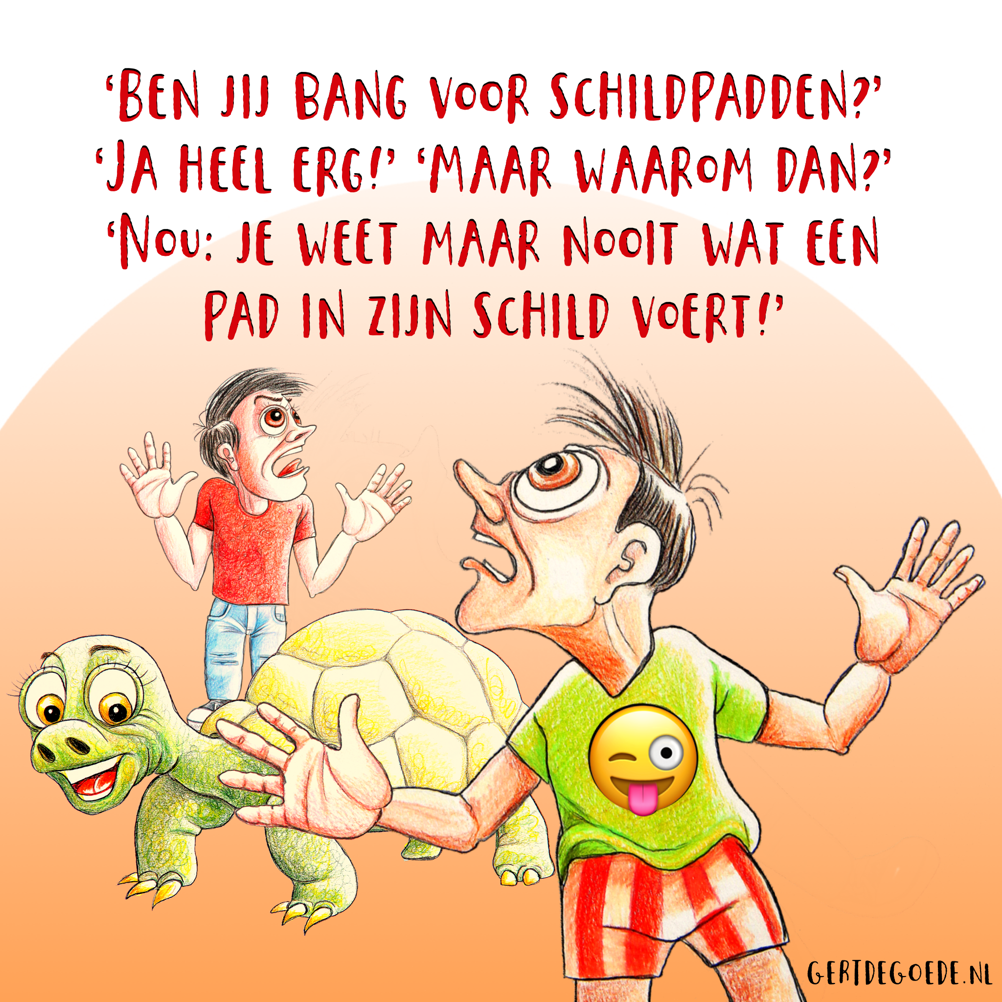 cartoon cartoons Udens Weekblad Gert de Goede cartoonist vrolijk regionaal kleurrijk humor lol  schildpad dieren turtle jongen kind