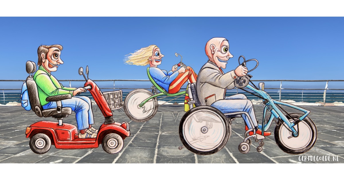 handbike handbiker scootmobiel scootmobile ligfiets handicap gehandicapt handbikers Gert de Goede cartoons cartoonist illustrator illustratie illustration handicap Uden Netherlands  samen together schrijver writer tekenaar kunstenaar 