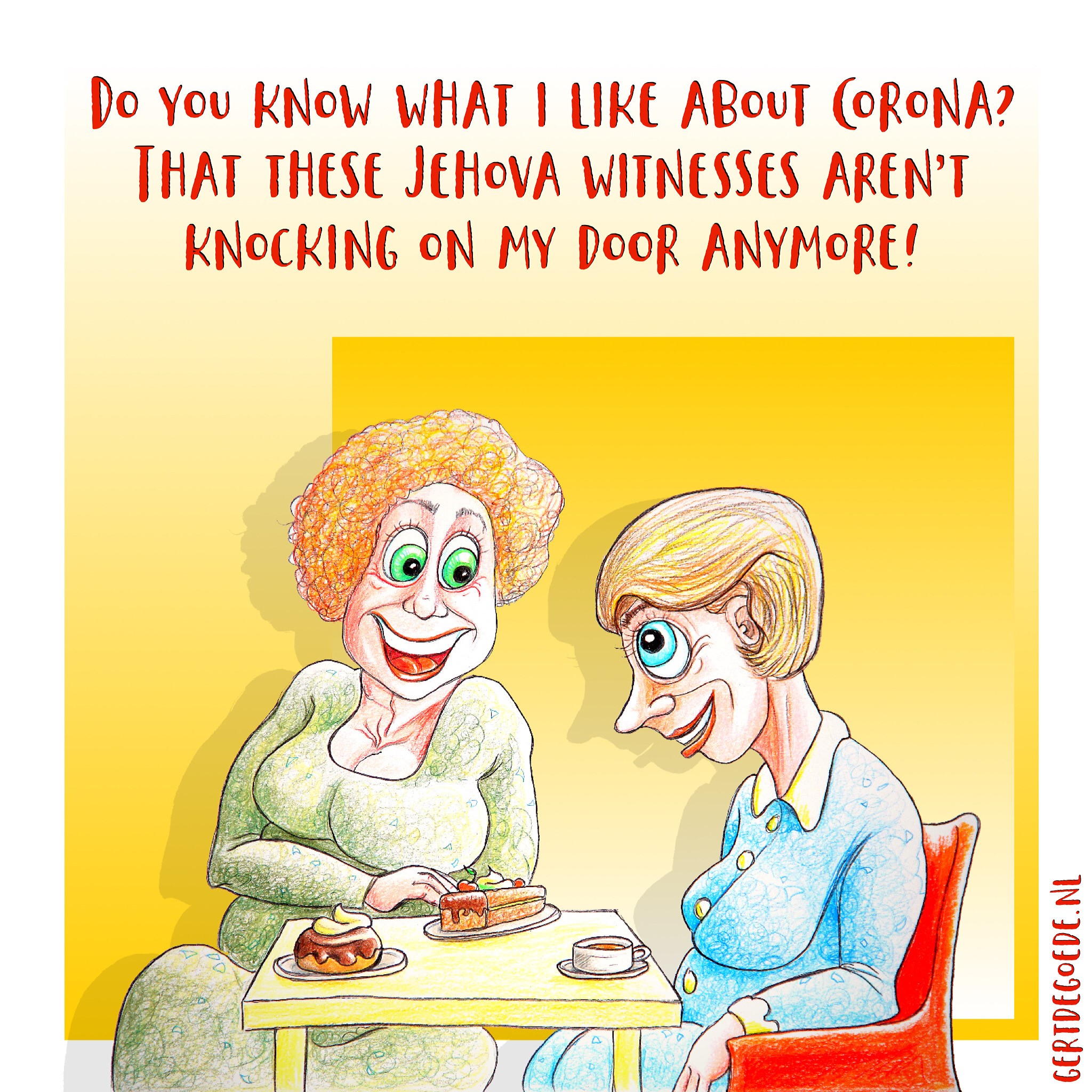 Jehova getuigen witness Gert de Goede cartoon corona covid 19 two ladies twee vrouwen in gesprek talking coffee cake koffie leuten kletsen 