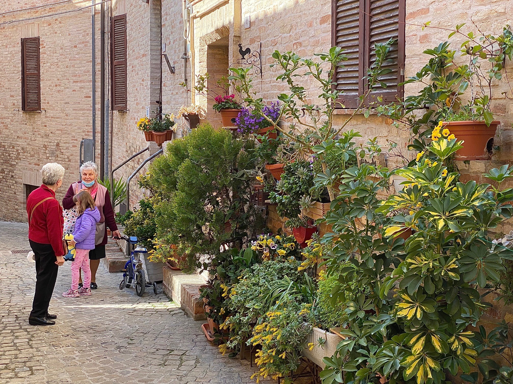 Gert de Goede fotografie Italië Montefano bloemen planten mensen oude vrouw kind straatje dorpje bergdorp