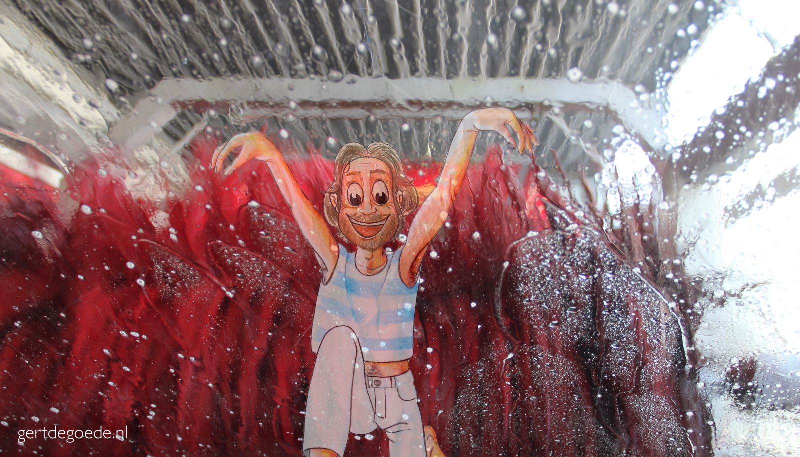 Carwash autowasserette auto wasserij wassen Illustratie illustrate illustrazione illustrazion ambachtelijk tekening gert de goede kunst artwork vrolijk gelukkig tevreden