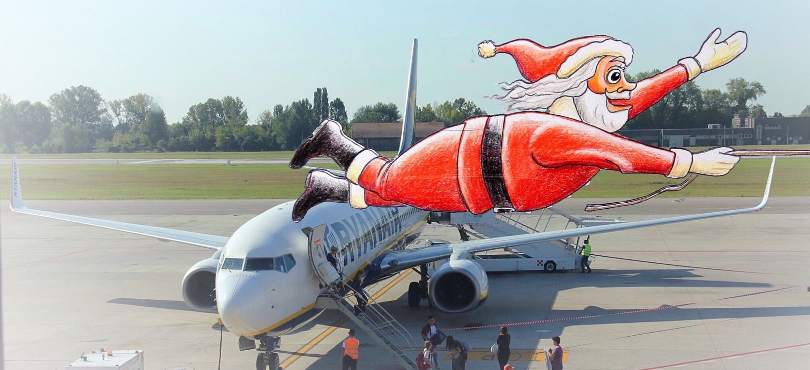 Gert de Goede kerstman vliegtuig vliegveld vliegen illustratie cartoon vrolijk voorbij