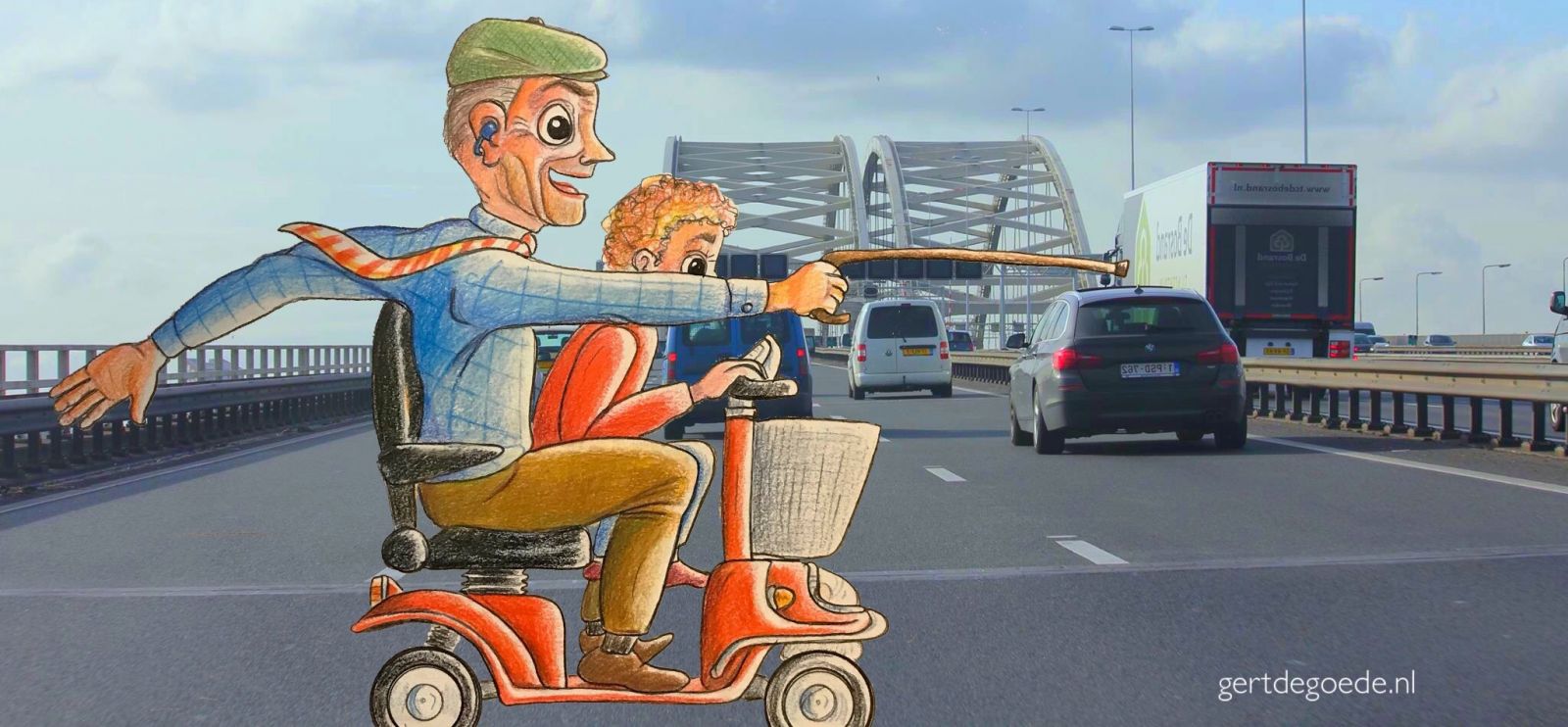 Gert de Goede illustrator illustratie Brienennoordbrug Rotterdam scootmobiel ude man kleinzoon vrolijk blij leuk