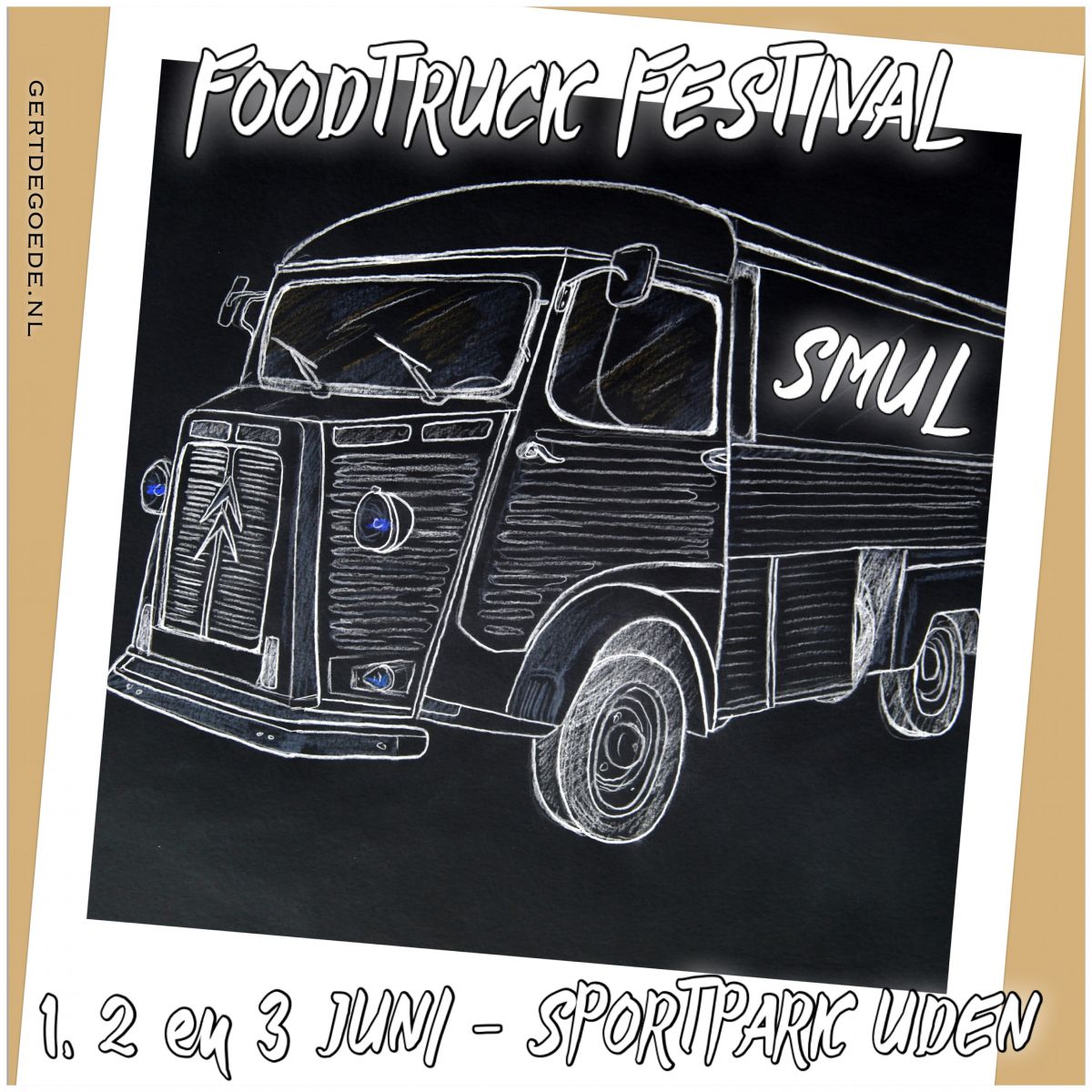 De Mooi Uden Krant Uden Gert de Goede illustratie vrolijk kleurrijk tekening fotobewerking photoedit smul foodtruck festival krijtbord Citroën HY oldtimer