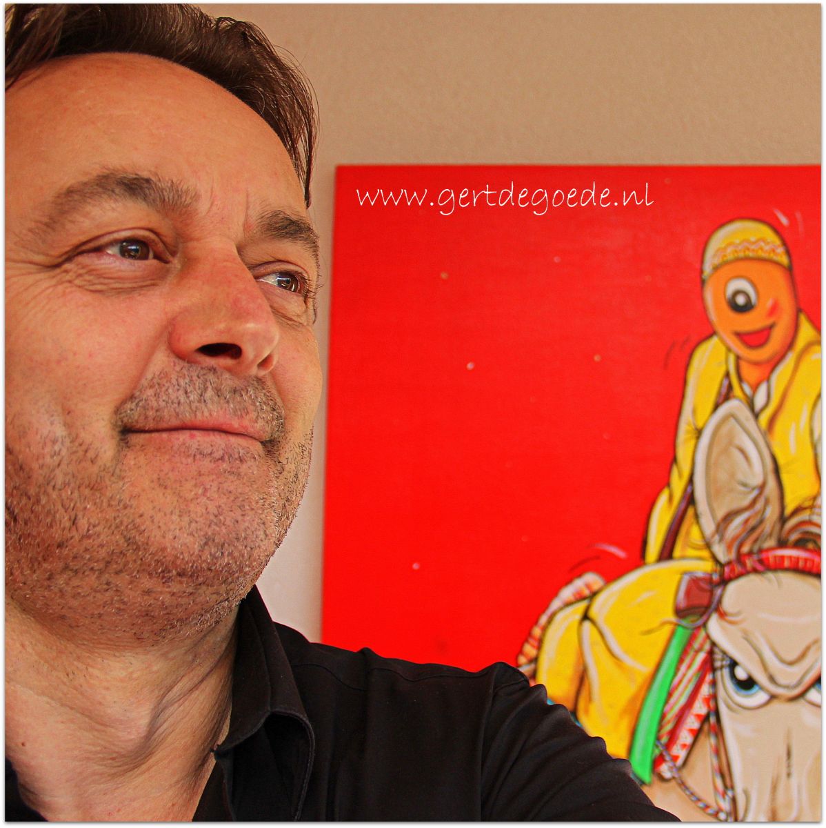 Gert de Goede, blogger, man op ezel, kunstenaar, vrolijk, kleurrijk